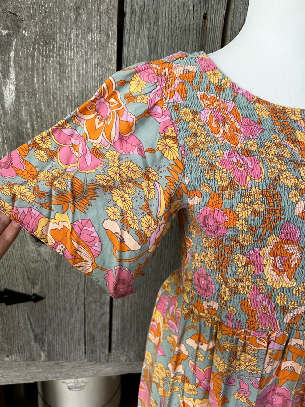 Floral Smocked Maxi Dress in Pink & Orange - Picture 3 of 4